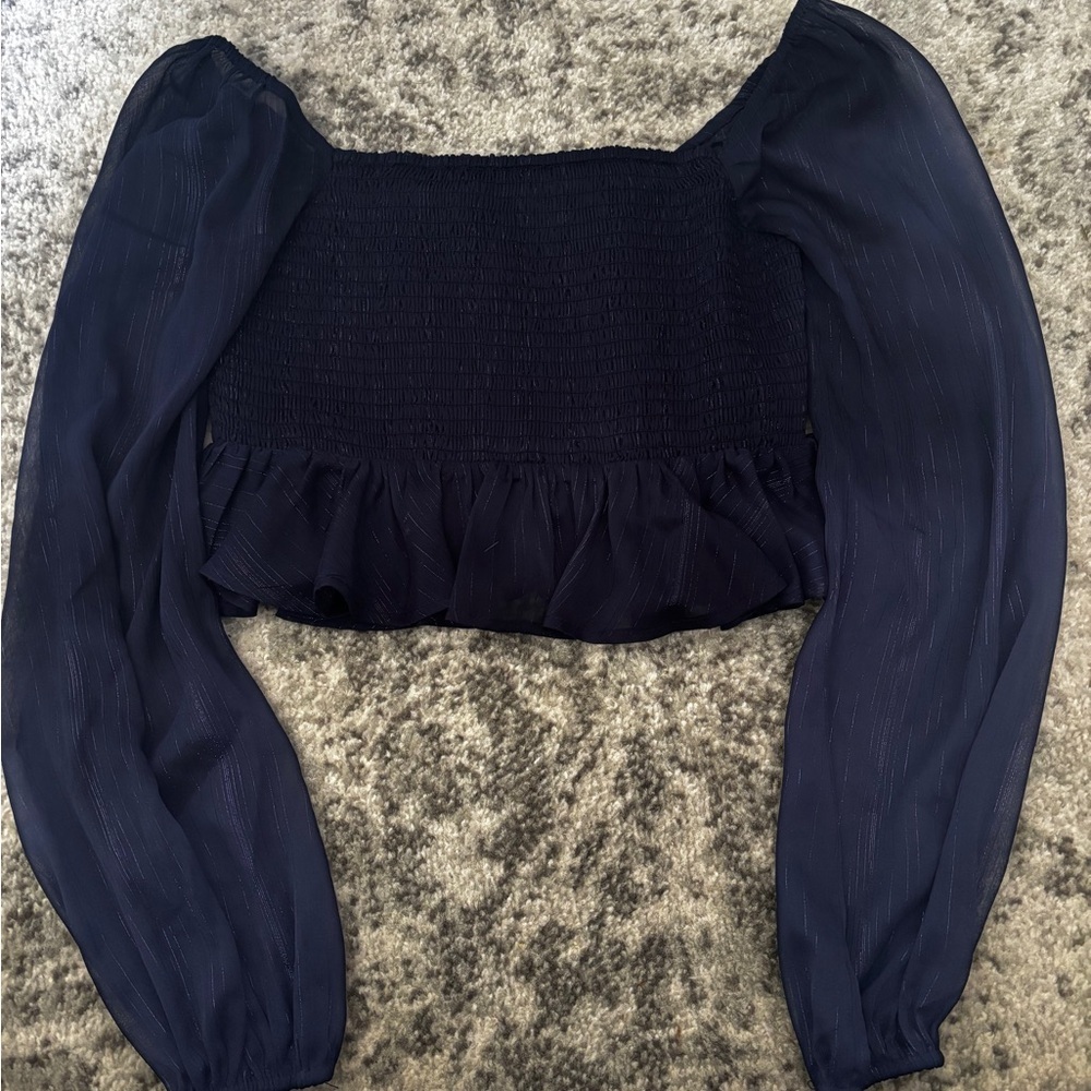 Urban Outfitters Navy Smocked Long Sleeve Sheer Blouse Ruffle Hem Size: Small - Picture 1 of 2